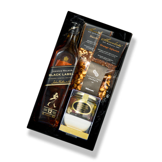 Gourmet Deluxe hamper with Johnnie Walker Black Label, chocolates, peanuts, and antipasto from Gift Republiq.