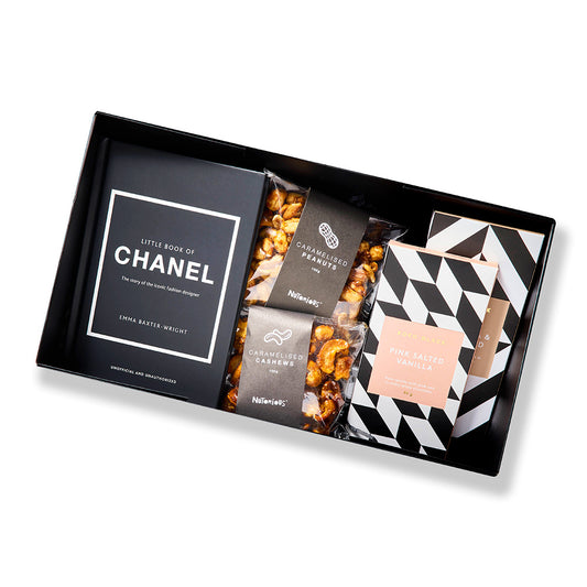 Retro-style gift box with Chanel book, caramelised cashews, and Koko Black chocolate from Gift Republiq.