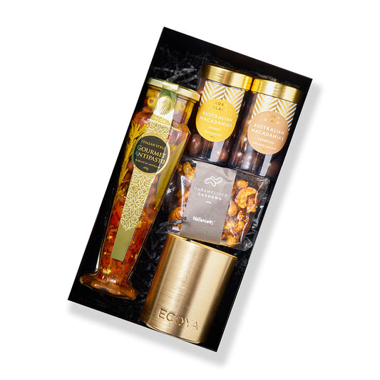 Celebrations hamper with antipasto, caramelised cashews, macadamias, and Ecoya candle from Gift Republiq.