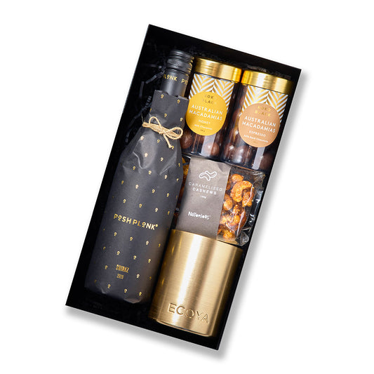 Celebrations hamper with Posh Plonk Shiraz, nuts, macadamias, and Ecoya candle from Gift Republiq.